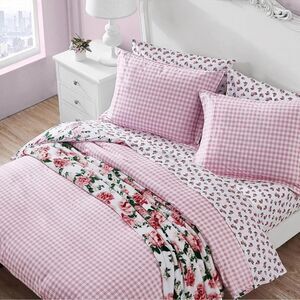🆕 NWT Queen Duvet Set Reversible Plaid Floral 2 - n - 1 Betsey Johnson PINK NEW